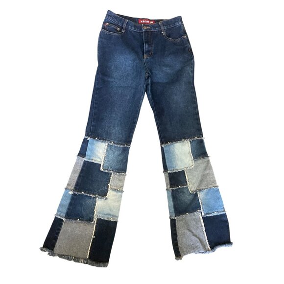 Zana Di Denim - Y2K Zana Di Patchwork Flare Jeans Raw Hem Studded Skater Festival Hong Kong Sz 5